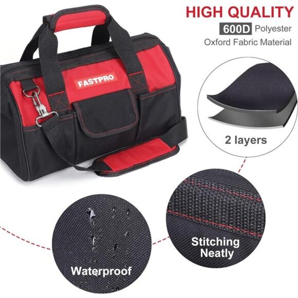 14-Inch Zip-top Wide Mouth Open Storage Tool Bag, Classic Black&Red - Picture 11 of 16